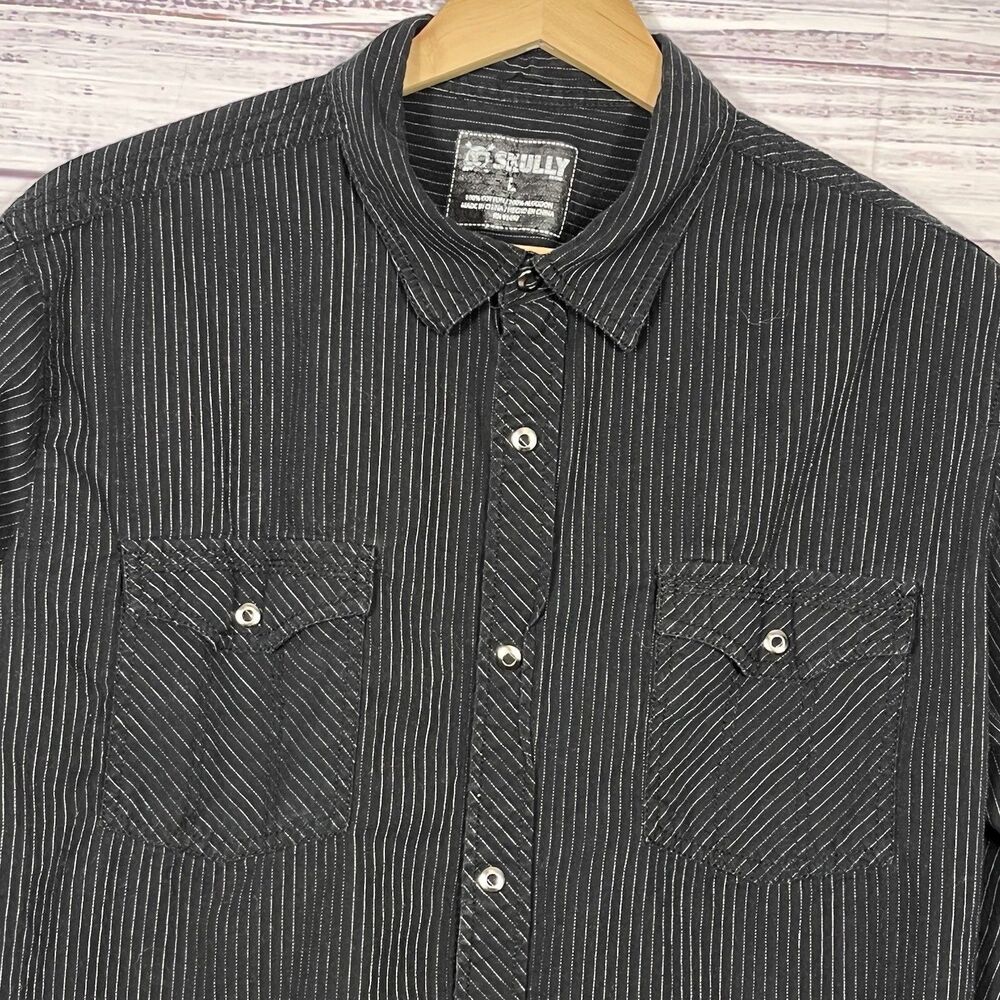 Skully Snap Button Shirt Pinstriped Pockets Western Cowboy Rodeo Black SZ L